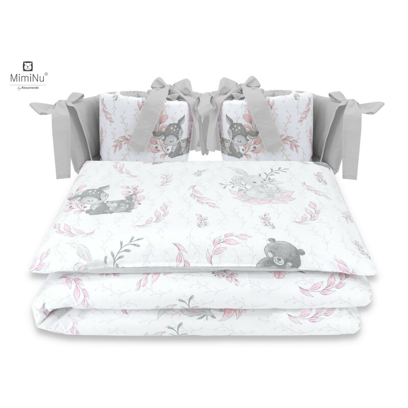 MimiNu - Lenjerie patut cu 4 piese, Cu doua protectii laterale, Din bumbac certificat Oeko Tex Standard 100, Pentru patut 120x60 cm, Lulu Rose