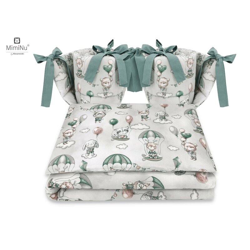 Miminu - lenjerie patut cu 4 piese, cu doua protectii laterale, parachutes olive, din bumbac, pentru patut 120x60 cm