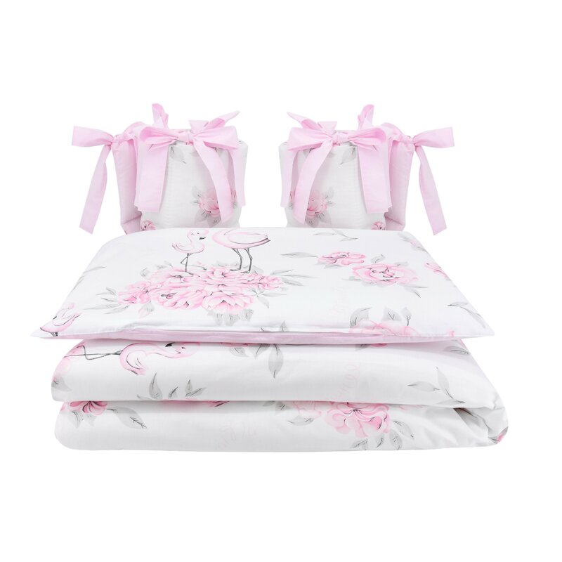 Lenjerie patut cu 4 piese, MimiNu, Pentru patut 120x60 cm, Cu doua protectii laterale, Din bumbac certificat Oeko Tex Standard 100, Peonie Pink