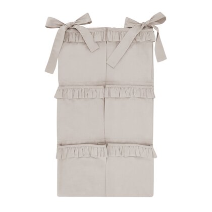 Organizator pentru patut, MimiNu, Din bumbac certificat Oeko Tex Standard 100, Cu 6 compartimente, Doua panglici, 70x40 cm, Cu volanase, Colectia Royal Beige