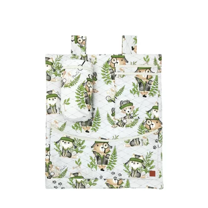 Organizator pentru patut si leagan, MimiNu, Din bumbac certificat Oeko Tex Standard 100, 3 compartimente, 53x46 cm, Design, Detective Natural
