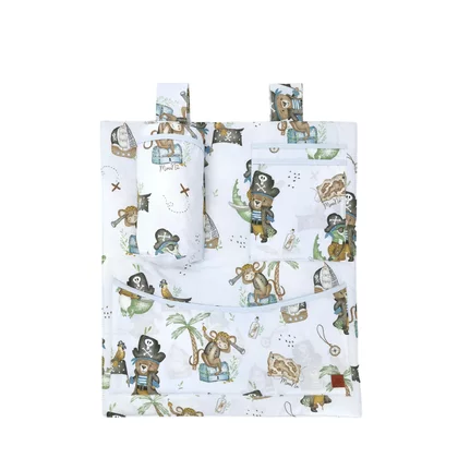 Organizator pentru patut si leagan, MimiNu, Din bumbac certificat Oeko Tex Standard 100, 3 compartimente, 53x46 cm, Design, Pirates Blue