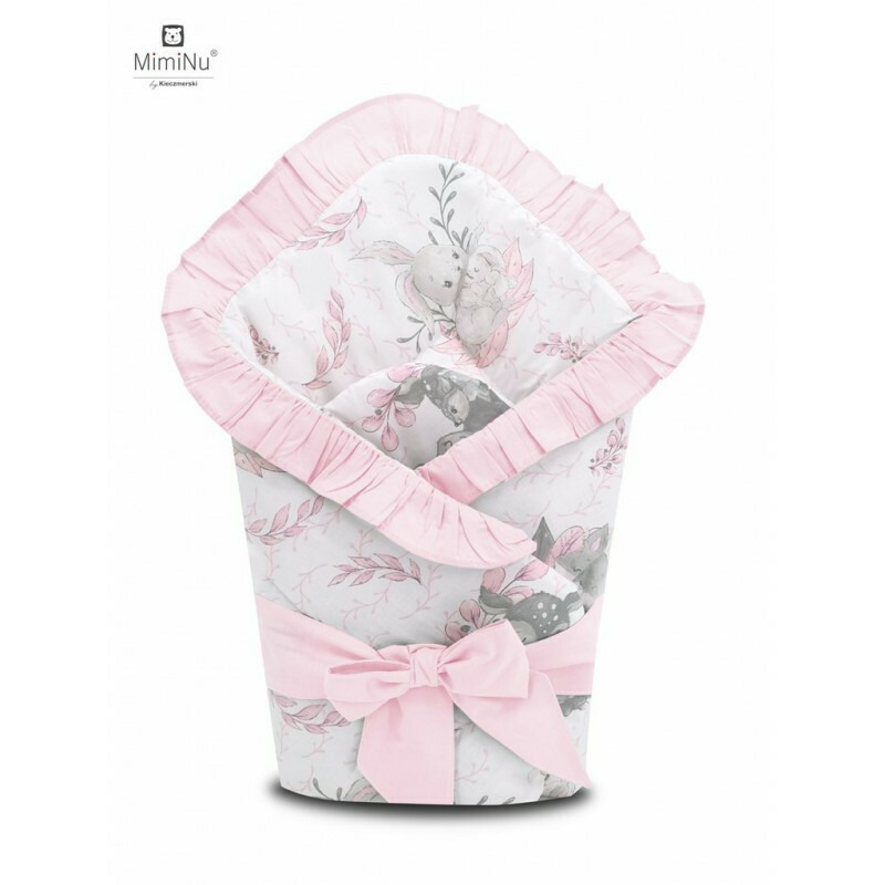 MimiNu - Paturica de infasat multifunctionala, Cu volanase, Cu inchidere cu panglica si arici velcro, Dimensiune 75x75 cm, Din bumbac certificat Oeko Tex Standard 100, Lulu Rose/Pink