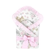 Paturica de infasat, MimiNu, Multifunctionala, Cu volanase, Cu inchidere cu panglica si arici velcro, Dimensiune 75x75 cm, Din bumbac certificat Oeko Tex Standard 100, Sweet Deer Pink/Pink