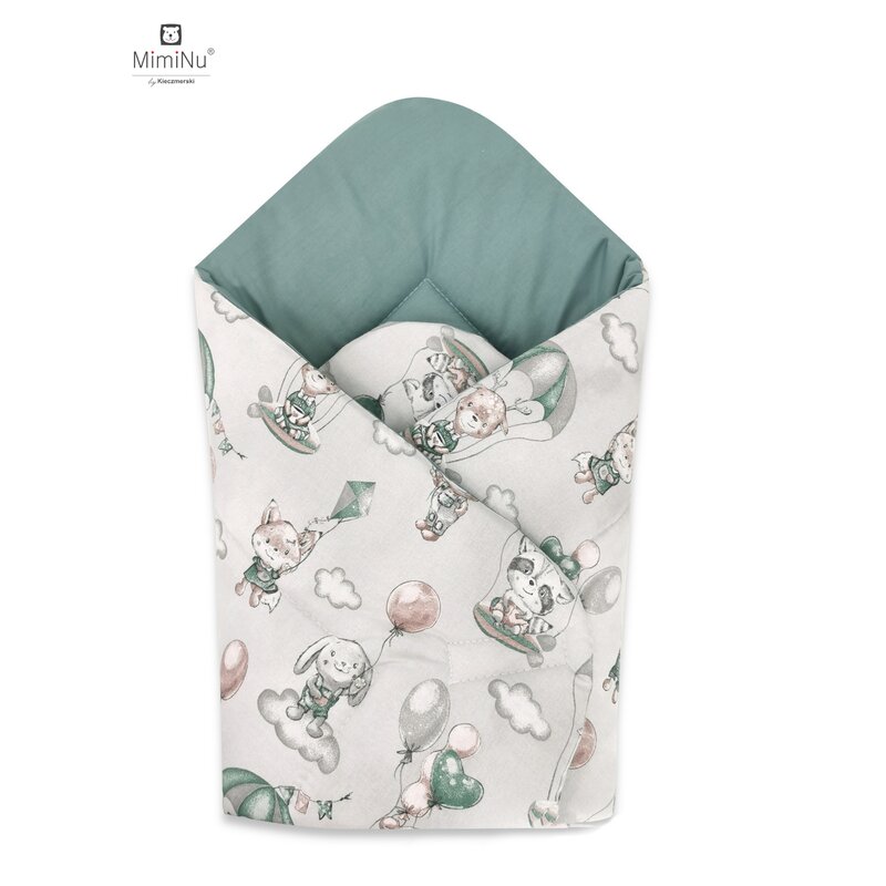 Miminu - paturica de infasat cu doua fete, cu multiple utilizari, cu inchidere arici velcro, dimensiune 75x75 cm, din bumbac certificat oeko tex standard 100, parachutes olive