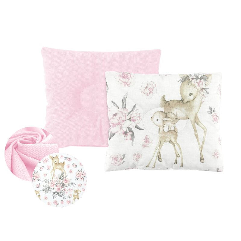 Perna bebelus, MimiNu, Profilata, Cu doua fete, Cu functie anti-soc, Pufoasa, Din catifea si bumbac, Materiale certificate Oeko Tex Standard 100, 23x26 cm, Velvet Sweet Deer/Pink