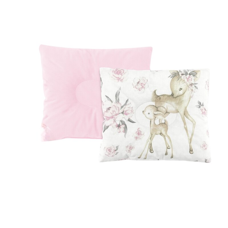 Perna bebelus, MimiNu, Profilata, Cu doua fete, Cu functie anti-soc, Pufoasa, Din catifea si bumbac, Materiale certificate Oeko Tex Standard 100, 23x26 cm, Velvet Sweet Deer/Pink