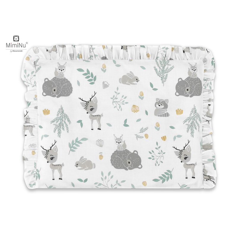 Miminu - perna clasica de dormit, cu volanas, cu husa detasabila cu fermoar, din bumbac certificat oeko tex standard 100, pentru patut, carucior, balansoar, 30x40 cm, forest friends mint