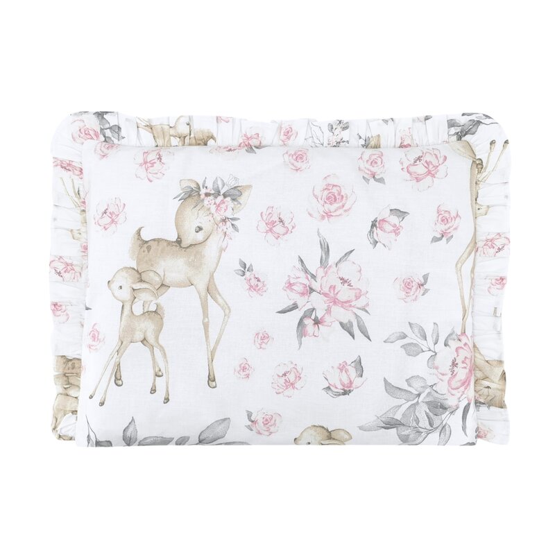 Perna clasica de dormit, MimiNu, Cu volanas, Cu husa detasabila cu fermoar, Din bumbac certificat Oeko Tex Standard 100, Pentru patut, carucior, balansoar, 30x40 cm, Sweet Deer Pink