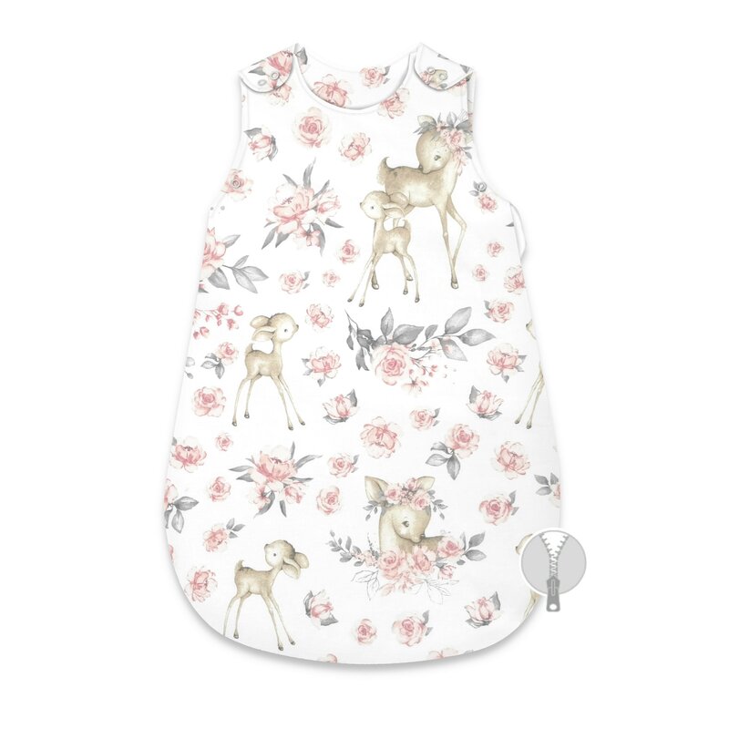 Sac de dormit, MimiNu, Pentru bebelusi, De iarna, Din bumbac certificat Oeko Tex Standard 100, Cu fermoar lateral, Cu capse pe umar, 70 cm, 0 - 6 luni, 2.5 Tog, Sweet Deer Pink