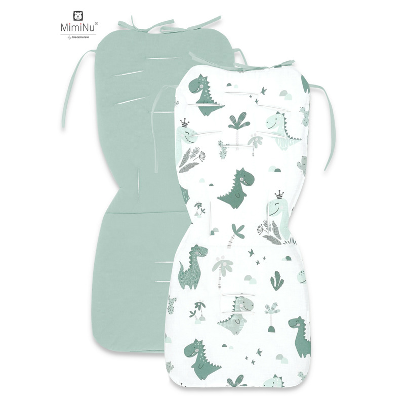 Miminu - salteluta pentru carucior, reversibila, cu doua fete, din catifea si bumbac, materiale certificate oeko tex standard 100, dimensiune 78 x 34 cm, dino mint/cold mint