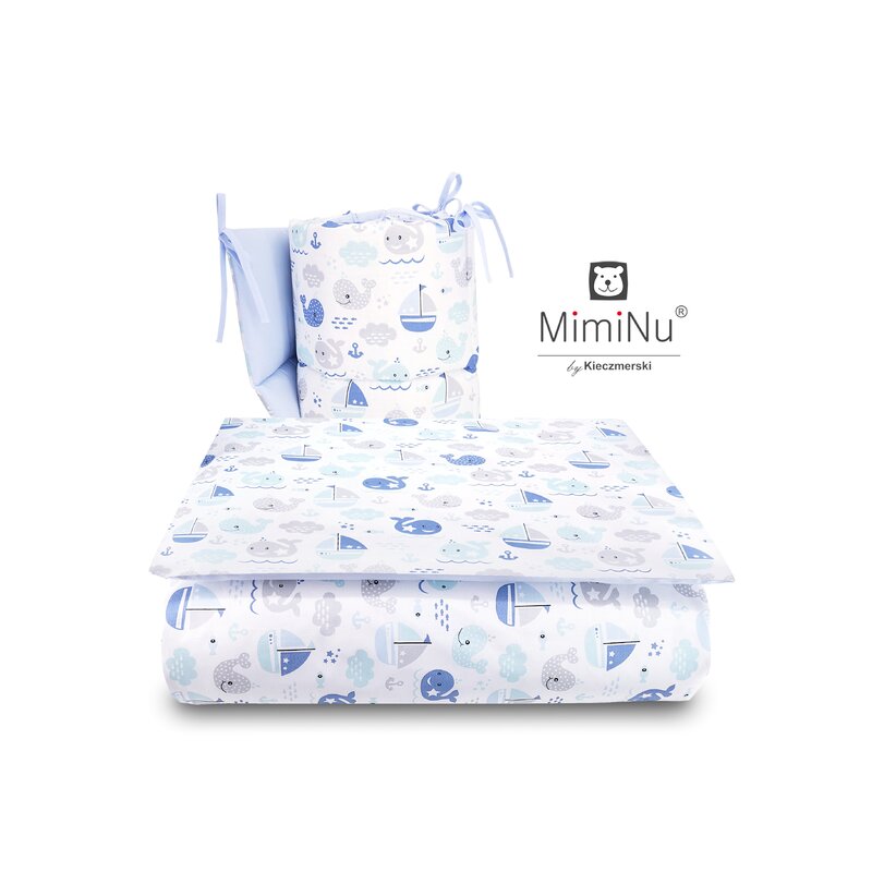 MimiNu - Lenjerie patut 3 piese, Cu protectie laterala, Blue fish, Din bumbac, Pentru patut 120x60 cm