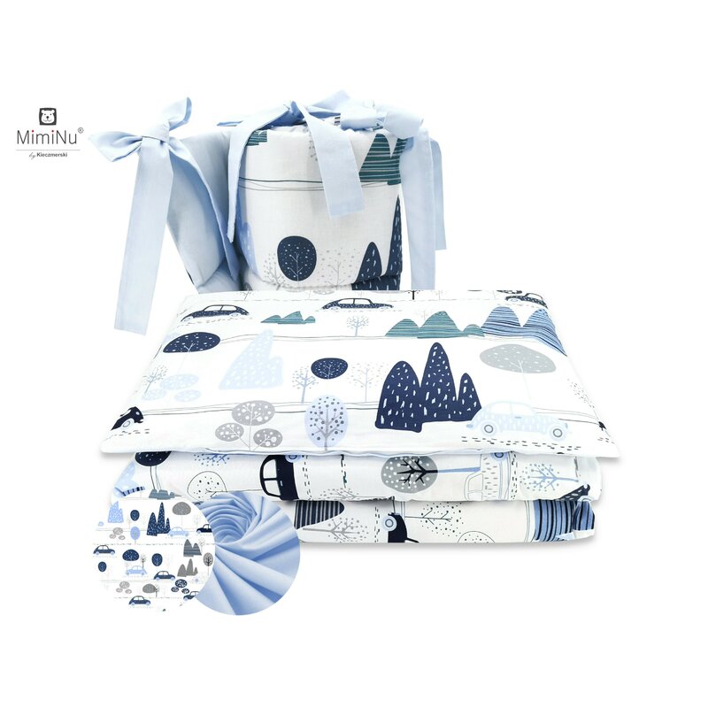 MimiNu - Lenjerie patut 3 piese, Cu protectie laterala, Childrens Journey blue, Din bumbac, Pentru patut 120x60 cm