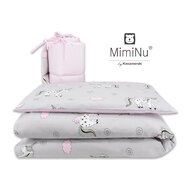 MimiNu - Lenjerie patut 3 piese, Cu protectie laterala, Pink Unicorn, Din bumbac, Pentru patut 120x60 cm