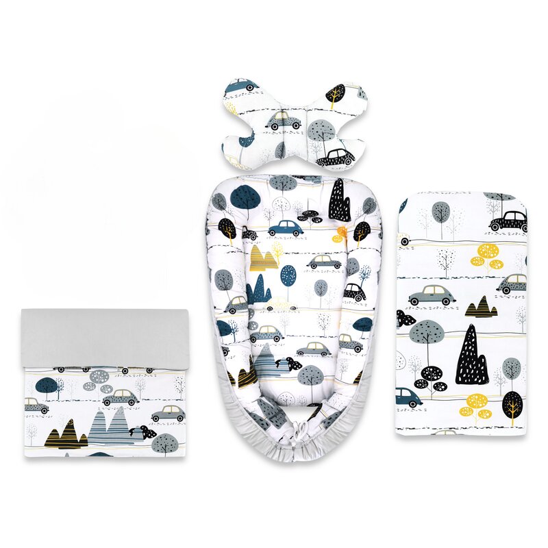 Set 4 in 1 Cosulet bebelus, MimiNu, Baby Cocoon 75x55 cm, Husa bumbac, Din bumbac certificat Oeko Tex Standard 100, Cu paturica 50x70 cm, Cu salteluta, Cu perna fluture, Childrens Journey Grey