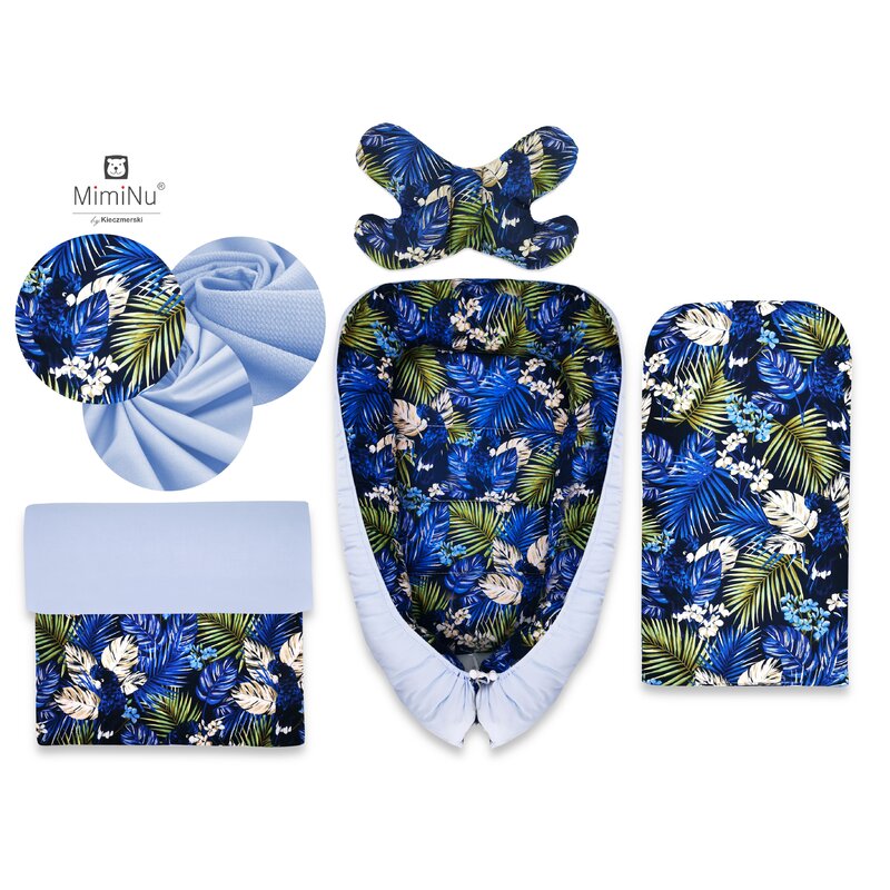 Miminu - set 4 in 1 cosulet bebelus baby cocoon 75x55 cm, husa 100% bumbac, cu paturica cu doua fete 50x70 cm, cu salteluta 60x32 cm, cu perna fluture cu doua fete 40x27 cm, parrot navy