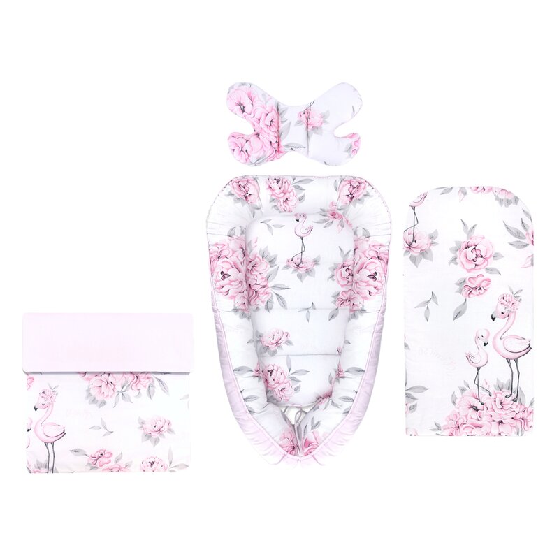 Set 4 in 1 Cosulet bebelus, MimiNu, Baby Cocoon 75x55 cm, Husa bumbac, Din bumbac certificat Oeko Tex Standard 100, Cu paturica 50x70 cm, Cu salteluta, Cu perna fluture, Peonie Pink