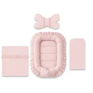 Black Friday - Reduceri Set 4 in 1 Cosulet bebelus, MimiNu, Baby Cocoon 75x55 cm, Cu volanase, Husa bumbac, Din bumbac certificat Oeko Tex Standard 100, Cu paturica cu volanase 50x70 cm, Cu salteluta, Cu perna fluture, Colectia Royal, Powder Pink Promotie