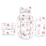 Set 4 in 1 Cosulet bebelus, MimiNu, Baby Cocoon 75x55 cm, Husa bumbac, Din bumbac certificat Oeko Tex Standard 100, Cu paturica 50x70 cm, Cu salteluta, Cu perna fluture, Design, Pink Ballerina