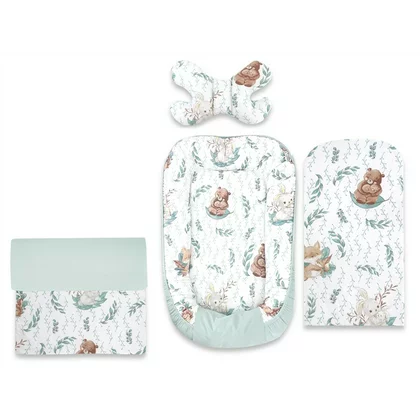 Set 4 in 1 Cosulet bebelus, MimiNu, Baby Cocoon 75x55 cm, Husa bumbac, Din bumbac certificat Oeko Tex Standard 100, Cu paturica 50x70 cm, Cu salteluta, Cu perna fluture, Lulu Natural