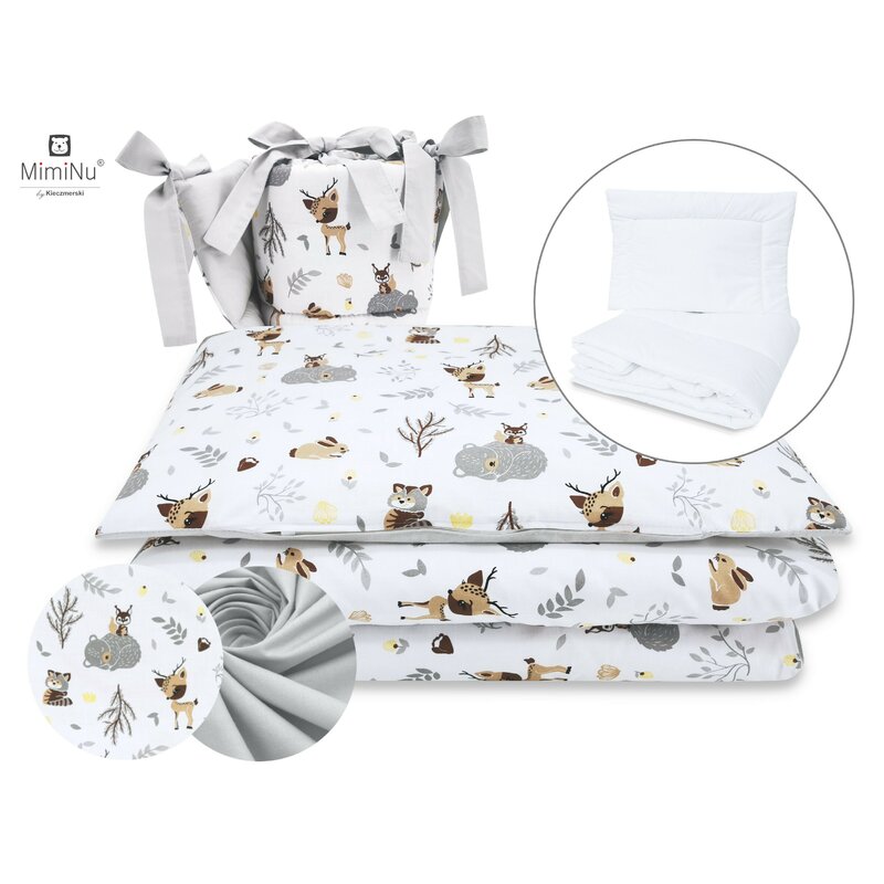 Miminu - set lenjerie patut 5 piese, cu pilota si perna, din bumbac certificat oeko tex standard 100, pentru patut 120x60 cm, forest friends beige
