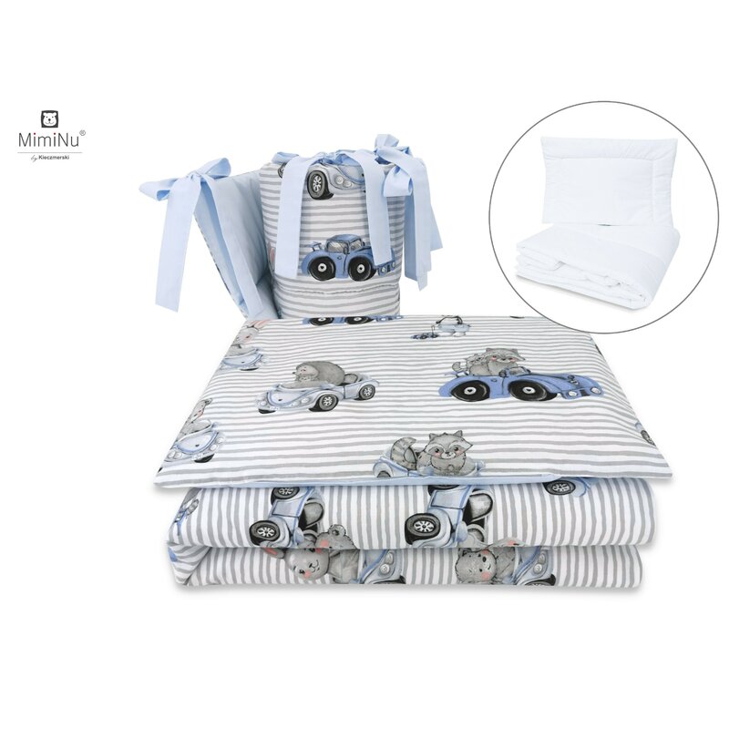 Miminu - set lenjerie patut 5 piese, cu pilota si perna, din bumbac, pentru patut 120x60 cm, old road blue