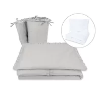 Lenjerie patut cu 5 piese, MimiNu, Pentru patut 120x60 cm, Cu volanase, Cu pilota si perna, Din bumbac certificat Oeko Tex Standard 100, Colectia Royal, Grey