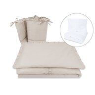 Lenjerie patut cu 5 piese, MimiNu, Pentru patut 120x60 cm, Cu volanase, Cu pilota si perna, Din bumbac certificat Oeko Tex Standard 100, Colectia Royal, Beige