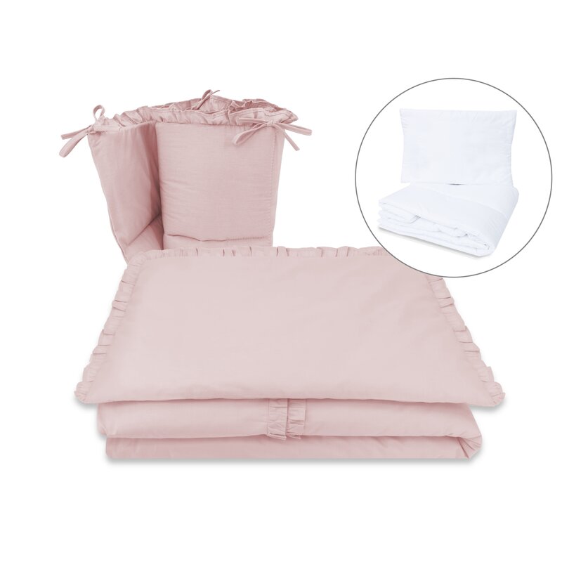 Lenjerie patut cu 5 piese, MimiNu, Pentru patut 120x60 cm, Cu volanase, Cu pilota si perna, Din bumbac certificat Oeko Tex Standard 100, Colectia Royal, Powder Pink