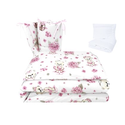 Lenjerie patut cu 5 piese, MimiNu, Pentru patut 120x60 cm, Cu pilota si perna, Din bumbac certificat Oeko Tex Standard 100, Design, Pink Ballerina