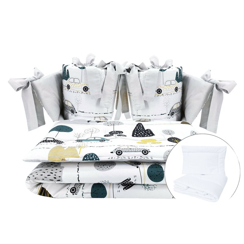 Lenjerie patut cu 6 piese, MimiNu, Pentru patut 120x60 cm, Cu pilota si perna, Cu doua aparatori laterale, Din bumbac certificat Oeko Tex Standard 100, Childrens Journey Grey