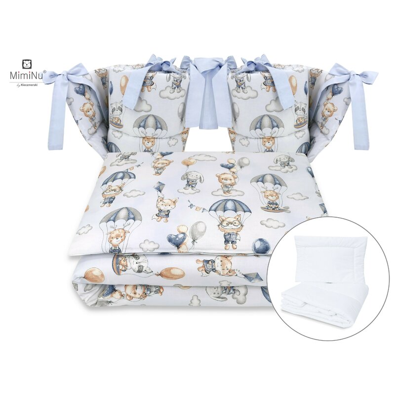 Miminu - set lenjerie patut cu 6 piese, cu pilota si perna, cu doua aparatori laterale, din bumbac, pentru patut 120x60 cm, parachutes blue