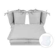 Lenjerie patut cu 6 piese, MimiNu, Pentru patut 120x60 cm,  Cu volanase, Cu pilota si perna, Cu doua aparatori laterale, Din bumbac certificat Oeko Tex Standard 100, Colectia Royal, Grey