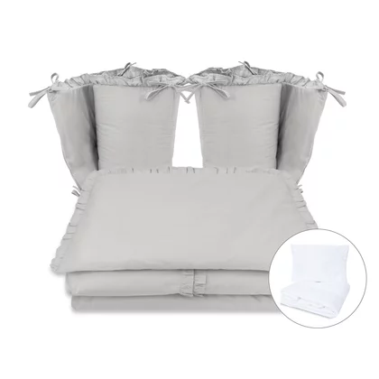 Lenjerie patut cu 6 piese, MimiNu, Pentru patut 120x60 cm,  Cu volanase, Cu pilota si perna, Cu doua aparatori laterale, Din bumbac certificat Oeko Tex Standard 100, Colectia Royal, Grey