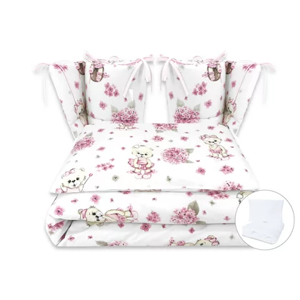 Lenjerie patut cu 6 piese, MimiNu, Pentru patut 120x60 cm, Cu pilota si perna, Cu doua aparatori laterale, Din bumbac certificat Oeko Tex Standard 100, Design, Pink Ballerina