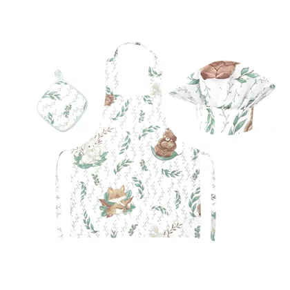 Set Micutul bucatar, MimiNu, Cu sort, o boneta si accesoriu pentru vase calde, Din bumbac certificat Oeko Tex Standard 100, Lulu Natural