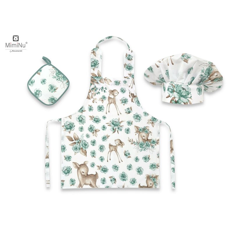 Miminu - set micutul bucatar, cu sort, o boneta si accesoriu pentru vase calde, din bumbac certificat oeko tex standard 100, sweet deer mint