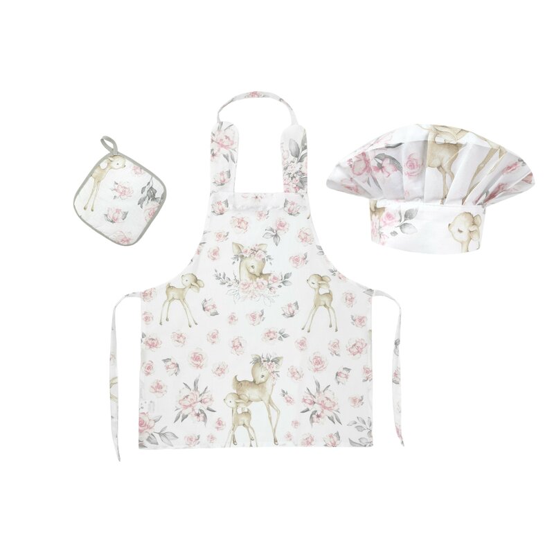 Set Micutul bucatar, MimiNu, Cu sort, o boneta si accesoriu pentru vase calde, Din bumbac certificat Oeko Tex Standard 100, Sweet Deer Pink