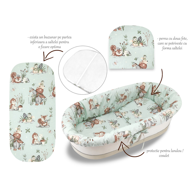 Miminu - set pentru landou/cosulet, cu protectie, saltea si pernuta, din bumbac certificat oeko tex standard 100, design, let\'s go natural