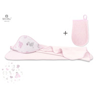 MimiNu - Set prosop mare cu gluga, Dimensiune 100x100 cm + Manusa de baie bebelusi, 12x21 cm, Materiale certificate Oeko Tex Standard 100, Baby Shower Pink