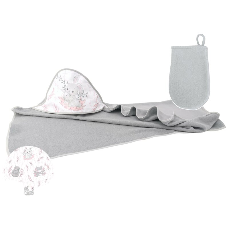 Set prosop mare cu gluga, MimiNu, Dimensiune 100x100 cm + Manusa de baie bebelusi, 12x21 cm, Materiale certificate Oeko Tex Standard 100, Lulu Rose