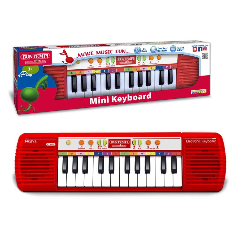 Mini orga electronica, Bontempi, Cu 24 clape, Cu 10 melodii si functie de invatare, Functii de inregistrare si redare, Alimentare pe baza de baterii, 36x100x3,2 cm, 36 luni+, Red