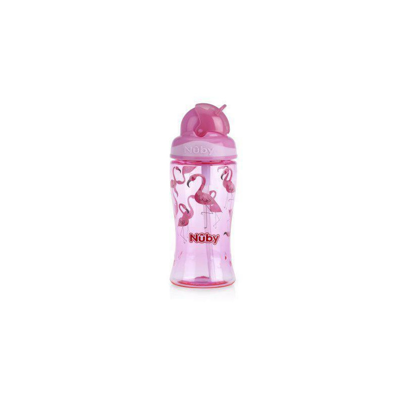 Nuby - Cana cu pai anti-alunecare, Cu pai moale din silicon, Din materialul ecologic tritan, 360 ml, 4+ ani, Roz