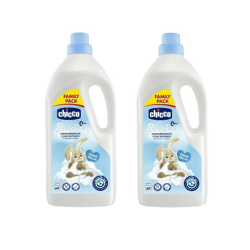 Pachet 2x balsam concentrat pentru haine, Chicco, fara coloranti si substante nocive, testat dermatologic, 60 de spalari, Sweet Talcum, 0 luni+, 1.5L