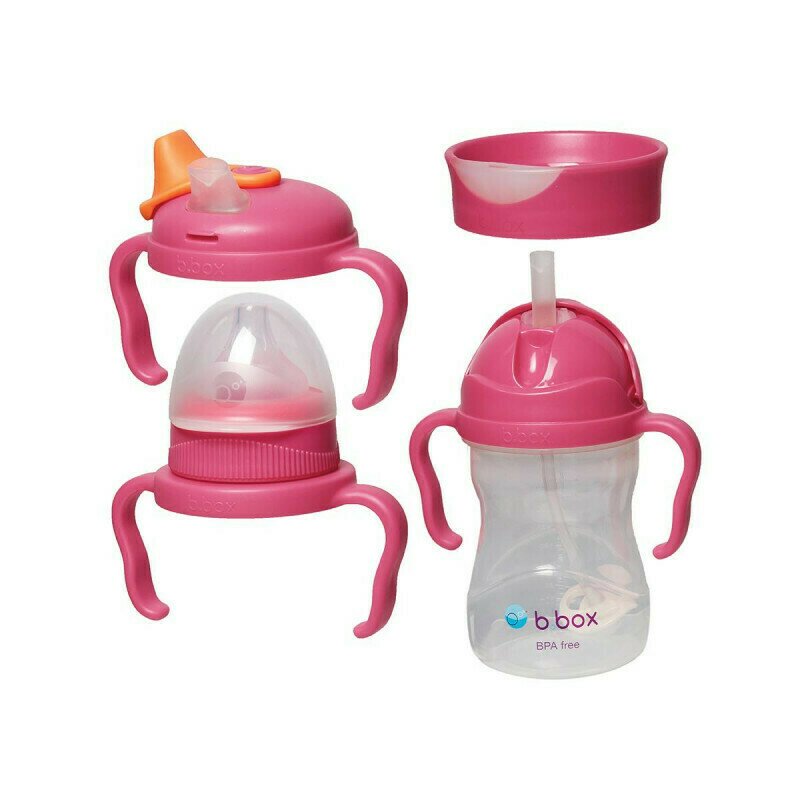 B.box - pachet 4 în 1 cana 240 ml cu 4 accesorii pentru băut diferite (tetină, pai, cioc, antrenament), roz,