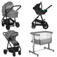 Pachet complet pentru primele zile, Carucior 3 in 1, Lionelo, Bianka, Transformabil, Cu landou, salteluta moale, geanta pentru parinti + Patut co-sleeper, Lionelo, Aurora, 3 in 1, Cu saltea si geanta transport, Gri