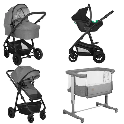 Pachet complet pentru primele zile, Carucior 3 in 1, Lionelo, Bianka, Transformabil, Cu landou, salteluta moale, geanta pentru parinti + Patut co-sleeper, Lionelo, Aurora, 3 in 1, Cu saltea si geanta transport, Gri