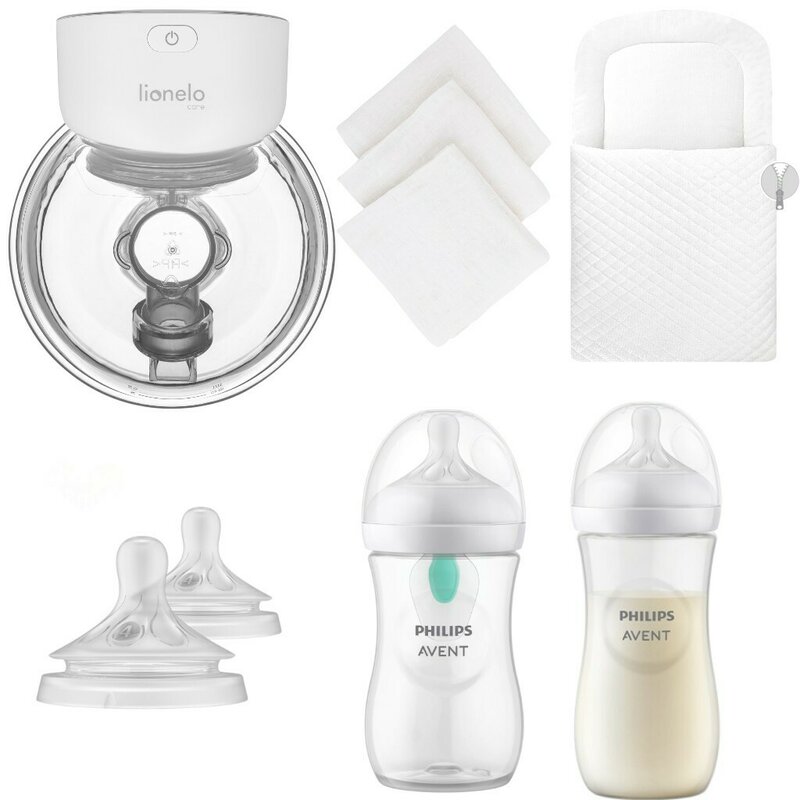 Pachet Confort Kit, Qmini, Cu pompa de san portabil, hands-free, Set 3 scutece muselina 68x68 cm, Oeko-Tex, Biberoane Philips Avent, Anticolici, 260 ml si 330 ml, Set tetine debit mediu, Paturica de infasat din catifea matlasata, Alb