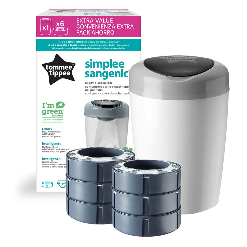 Tommee tippee - cos pentru scutece sangenic , simplee , reciclabil, cu 6 rezerve, alb/gri