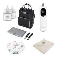Pachet  Essential Kit, Qmini, Cu rucsac pentru mamici 11 compartimente, Prosop cu gluga din bumbac, Pernuta anticolici cu samburi de cirese, Biberoane Philips Avent, Anticolici, 125 ml, Termometru fara contact cu 4 moduri, Multicolor